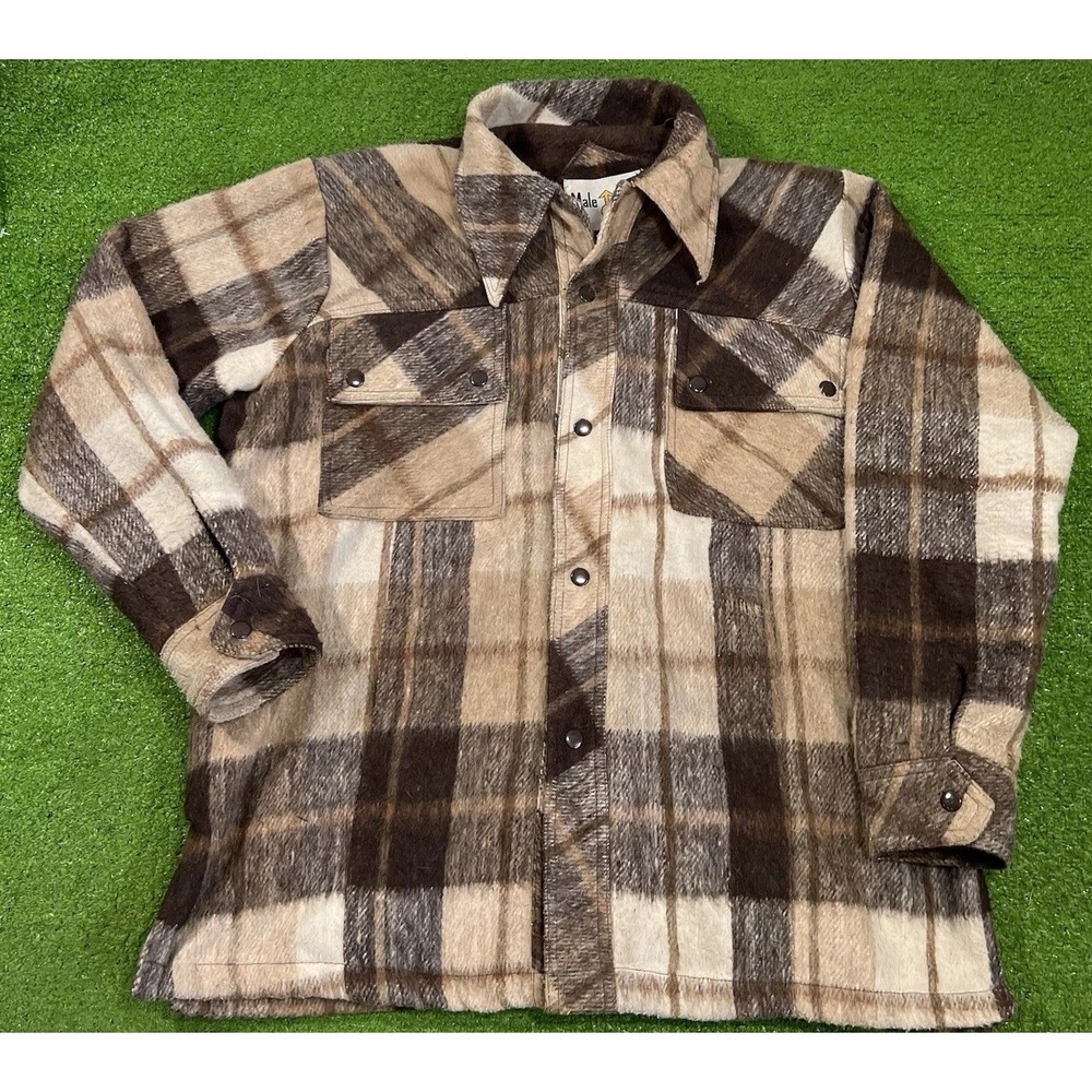 Vintage 1970s Plaid Jacket LG Wool Linen Chore Coat Sherpa Lined Heavy Coat